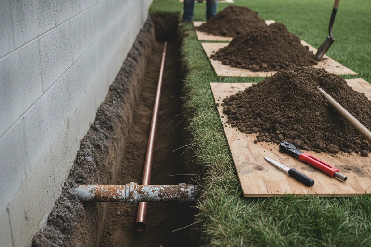 Excavated water line trench during Water Heater Repair in Keene